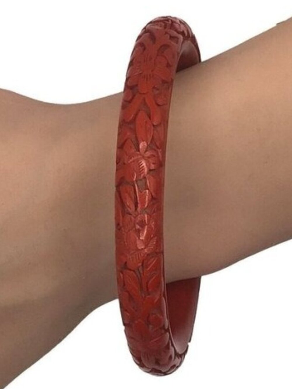 Vintage Cinnabar Bangle Bracelet Flower Design Dark Red Traditional